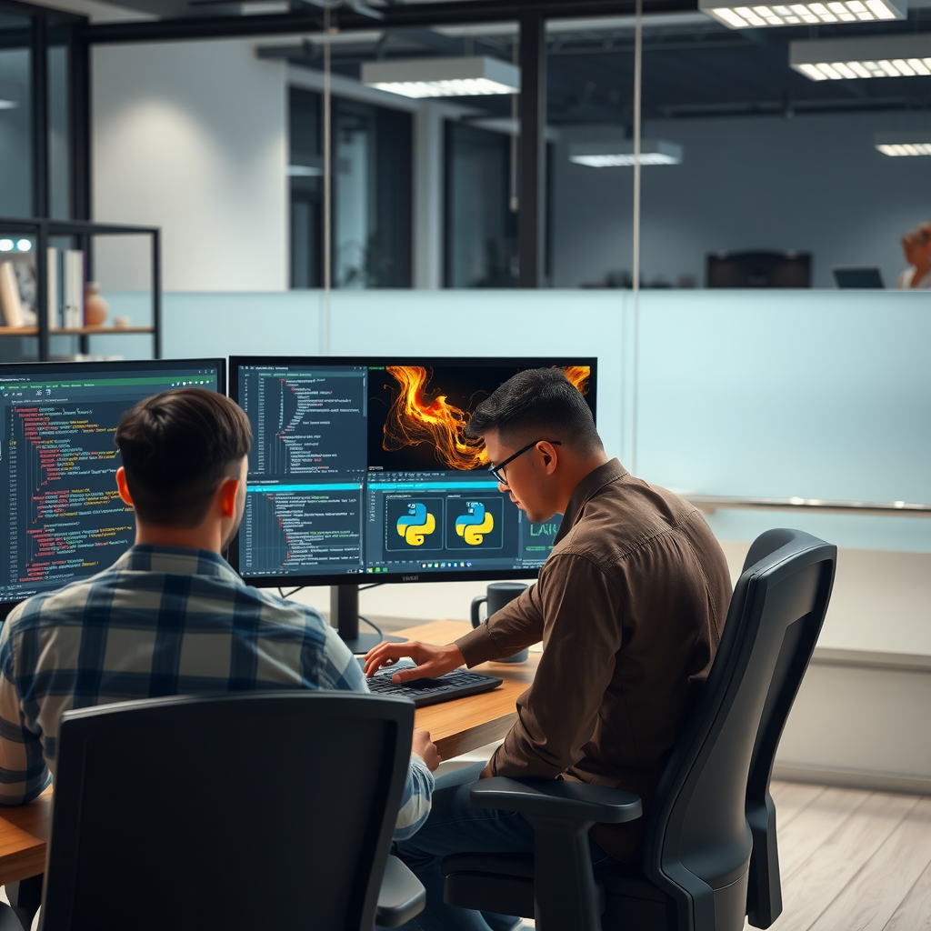 Professional Python developers collaborating on code using PyCharm IDE in a modern office environment with multiple monitors displaying code editors and debugging tools