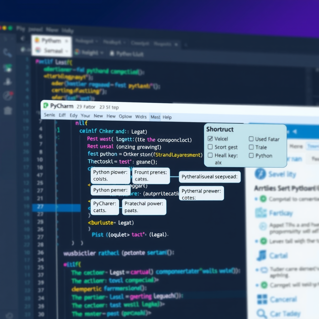 Illustration showing PyCharm IDE interface with highlighted keyboard shortcuts overlay, featuring code editor with Python syntax highlighting and shortcut key combinations displayed in modern teal and blue accent colors
