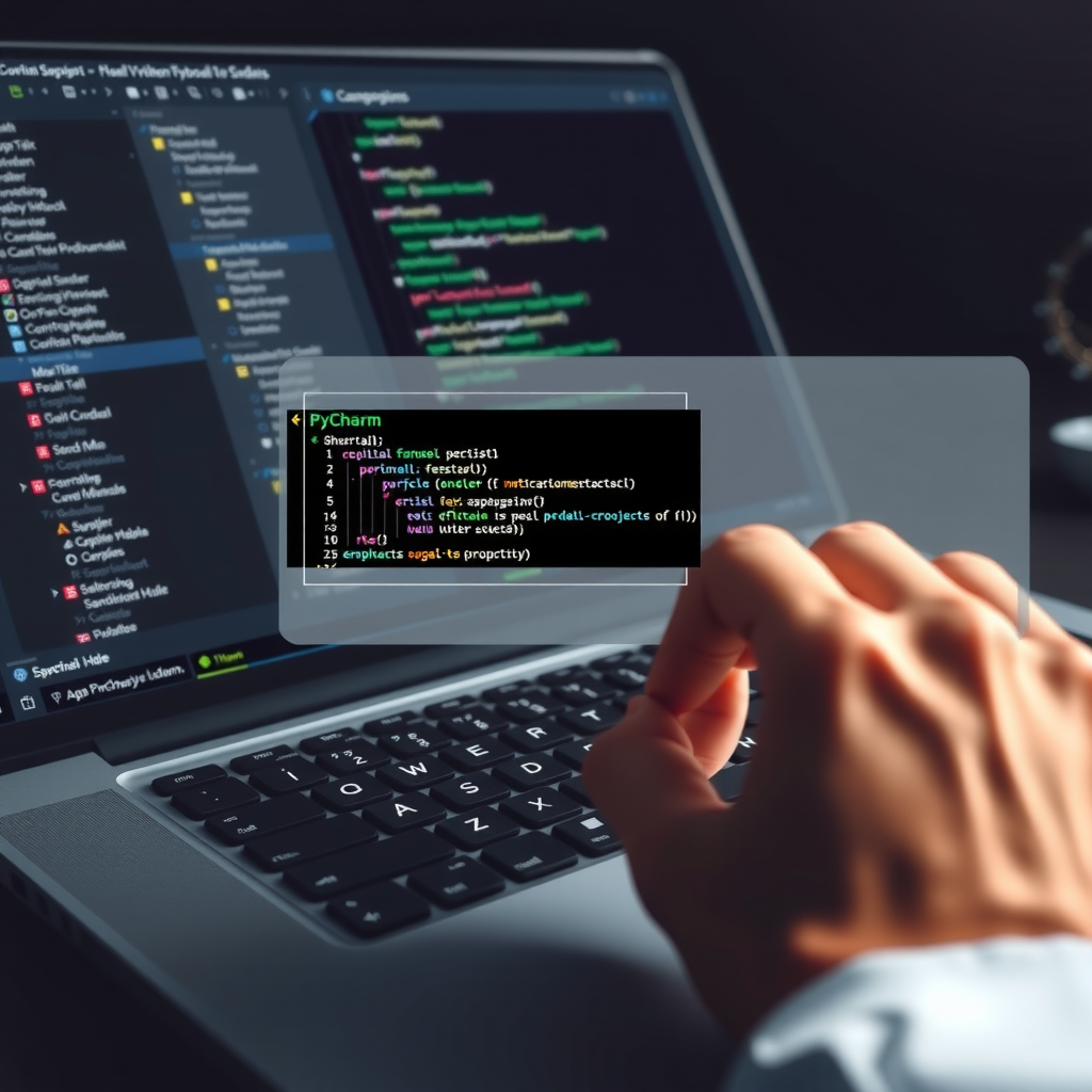 Professional developer hands typing on mechanical keyboard with PyCharm IDE interface showing keyboard shortcuts overlay, code editor with Python syntax highlighting, productivity icons, and shortcut key combinations displayed in modern dark theme