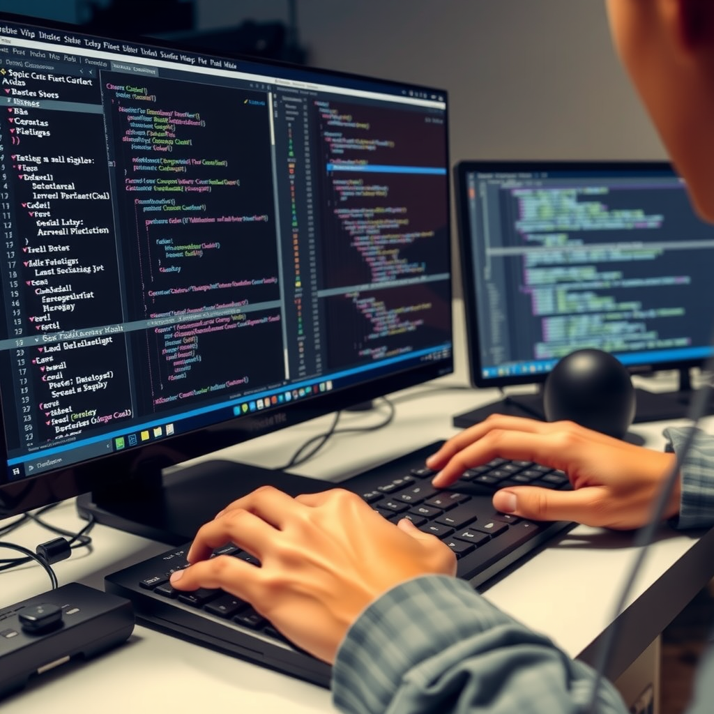 Developer working efficiently with PyCharm IDE, hands on keyboard with multiple Python files open showing code completion and refactoring tools in action