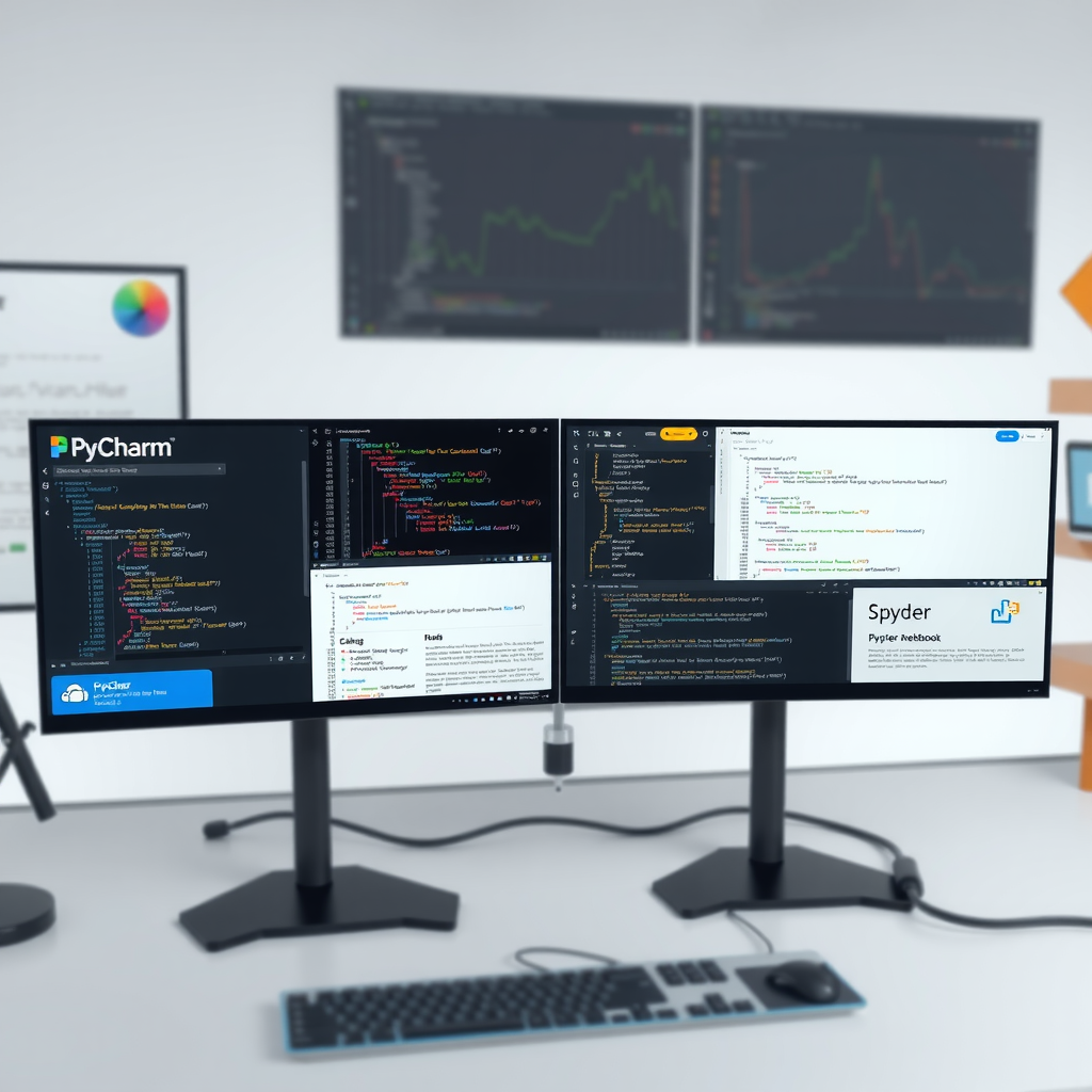 Side-by-side comparison dashboard showing PyCharm interface alongside VS Code, Jupyter Notebook, and Spyder, with performance metrics and feature highlights displayed on multiple monitors in a modern developer workspace