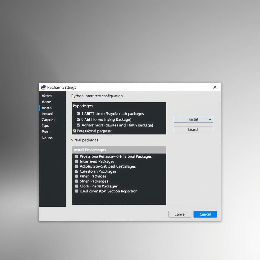 PyCharm settings dialog displaying Python interpreter configuration panel with installed packages list and virtual environment selection options
