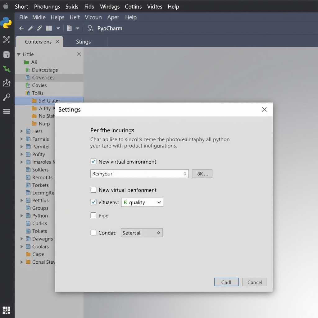 PyCharm settings window showing Python interpreter configuration with options to create a new virtual environment, including virtualenv, pipenv, and conda options