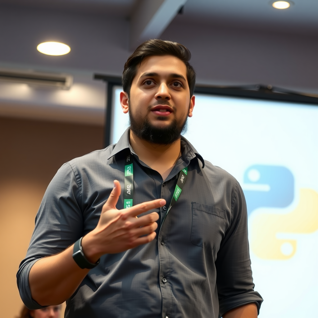 Marcus Rodriguez, Python Developer and Content Creator, presenting at developer conference with PyCharm logo visible on presentation screen