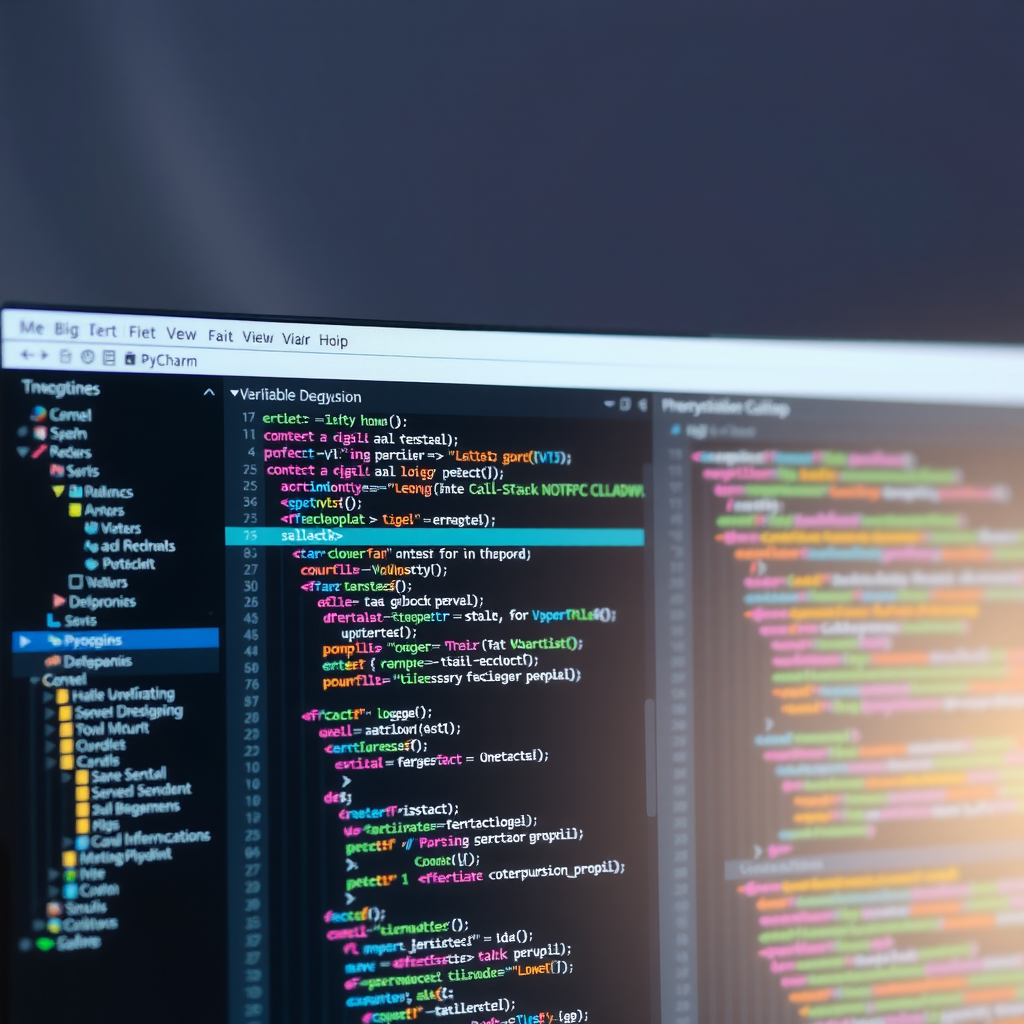 PyCharm debugging interface showing advanced debugging tools with breakpoints panel, variable watches, interactive debugger console, call stack visualization, performance profiling graphs, and Python code execution flow in professional IDE environment