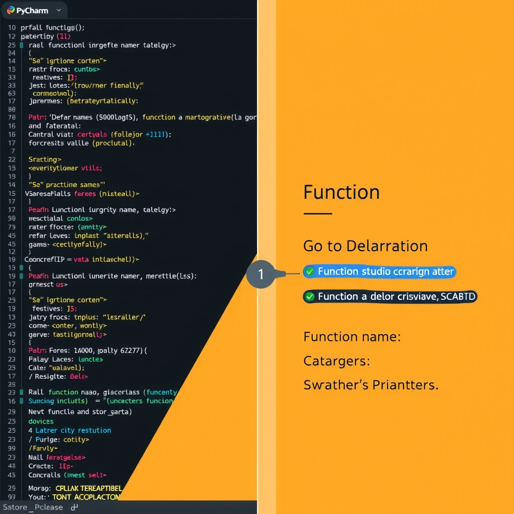 Split screen view in PyCharm showing original code on left and function definition on right after using Go to Declaration, with highlighted function name and parameters
