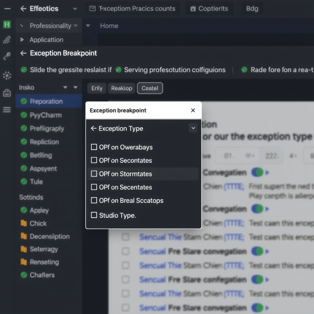PyCharm exception breakpoint configuration panel showing options for breaking on specific exception types