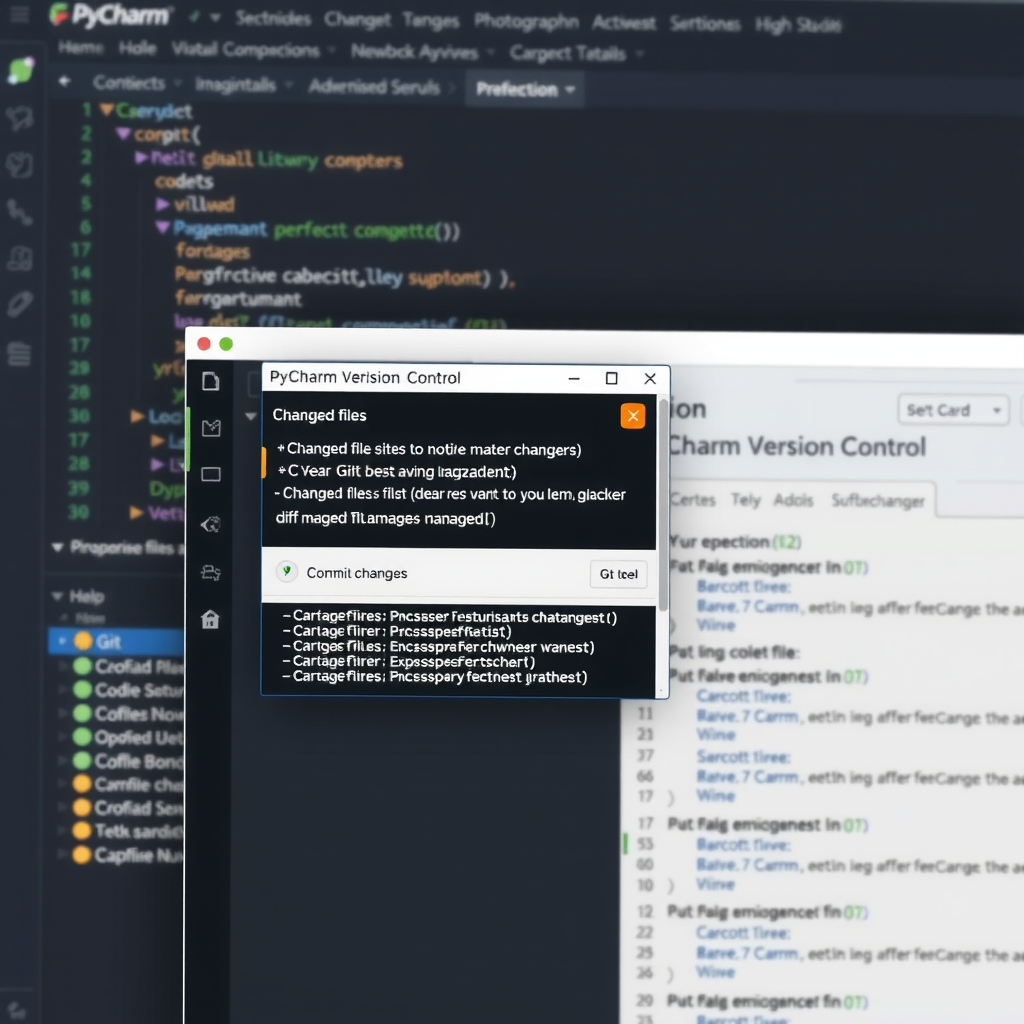 PyCharm version control interface showing Git commit dialog with changed files list, commit message editor, and diff viewer displaying code changes with syntax highlighting