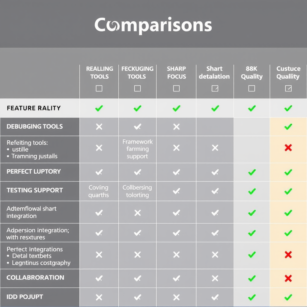 Comprehensive feature comparison matrix showing checkmarks and ratings for debugging tools, refactoring capabilities, framework support, testing integration, and collaboration features across all four IDEs
