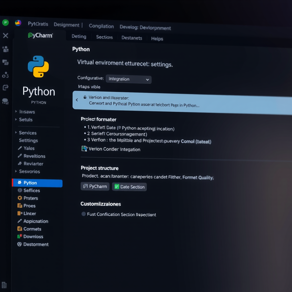 PyCharm IDE configuration screen showing Python development environment setup with virtual environment settings, version control integration panel, code formatter and linter configuration options, project structure tree, and customization preferences in modern dark interface