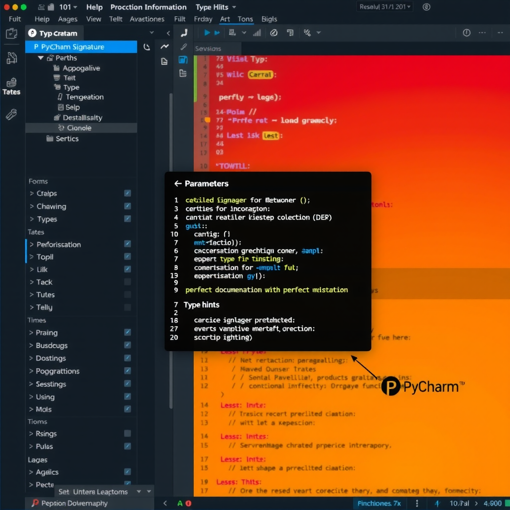 PyCharm editor displaying parameter information popup with function signature, type hints, and inline documentation for a Python function call