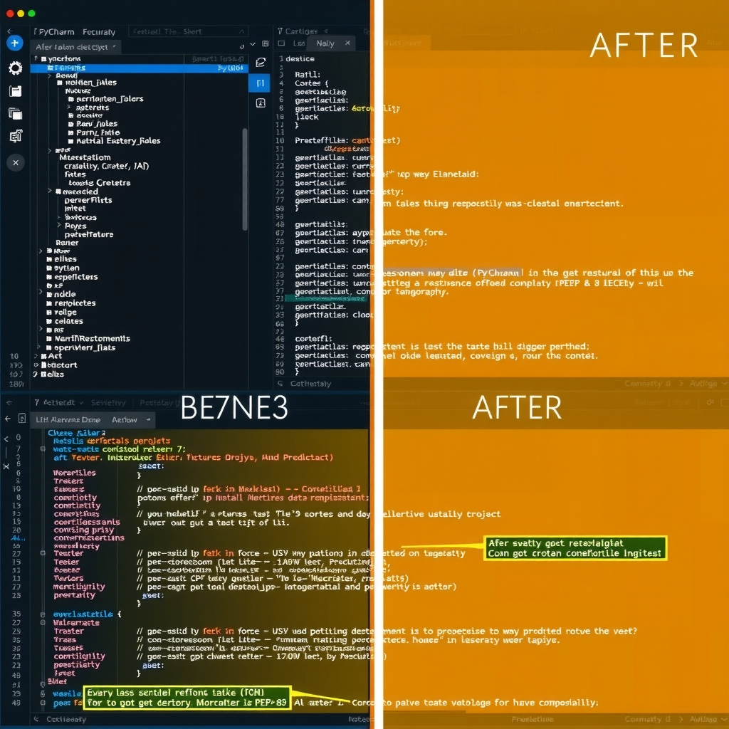 PyCharm editor showing Python code before and after Black formatting, with side-by-side comparison highlighting improved code consistency and PEP 8 compliance