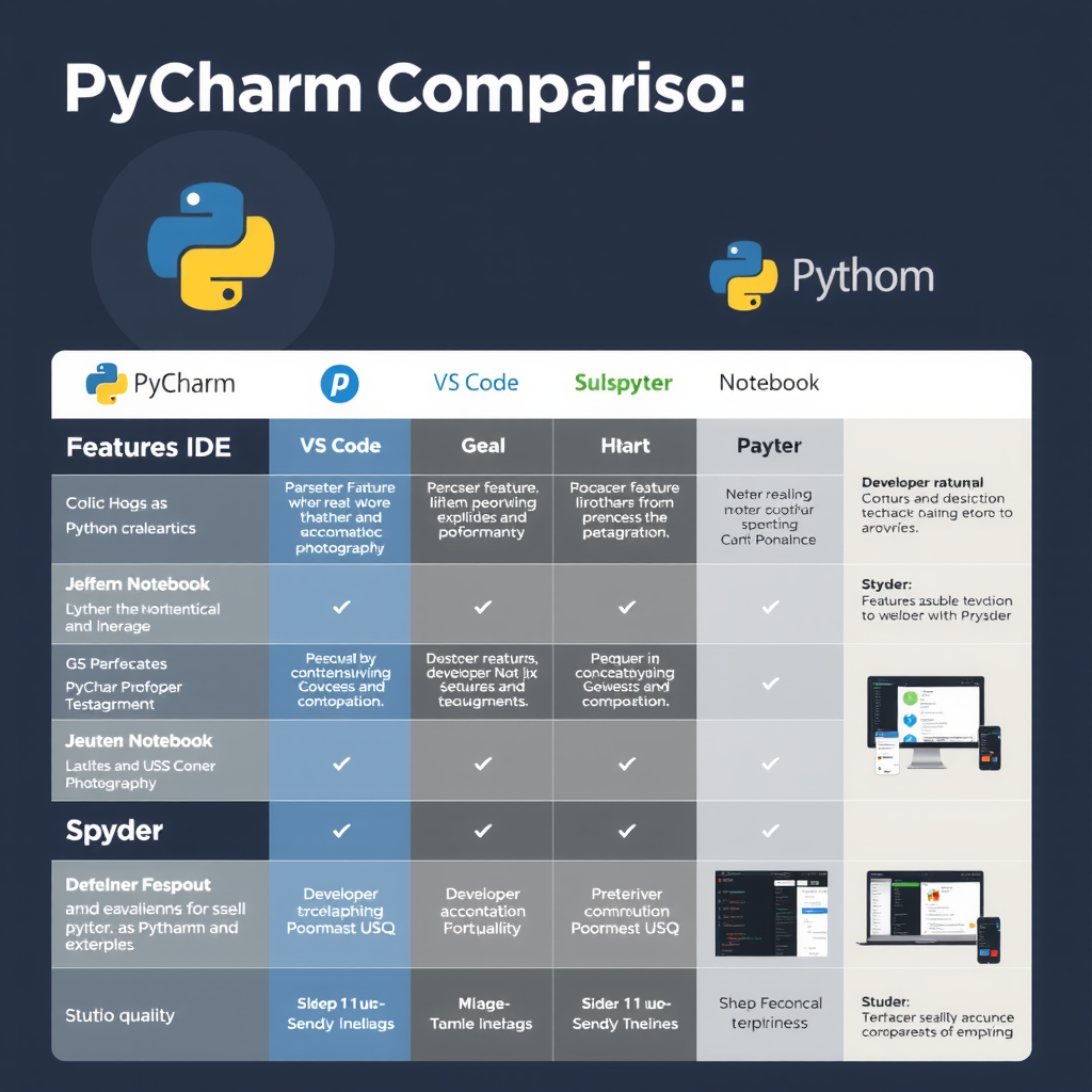Professional comparison infographic showing PyCharm IDE versus other Python development tools including VS Code, Jupyter Notebook, and Spyder with feature comparison charts, performance benchmarks, developer testimonials, and side-by-side interface screenshots in modern design