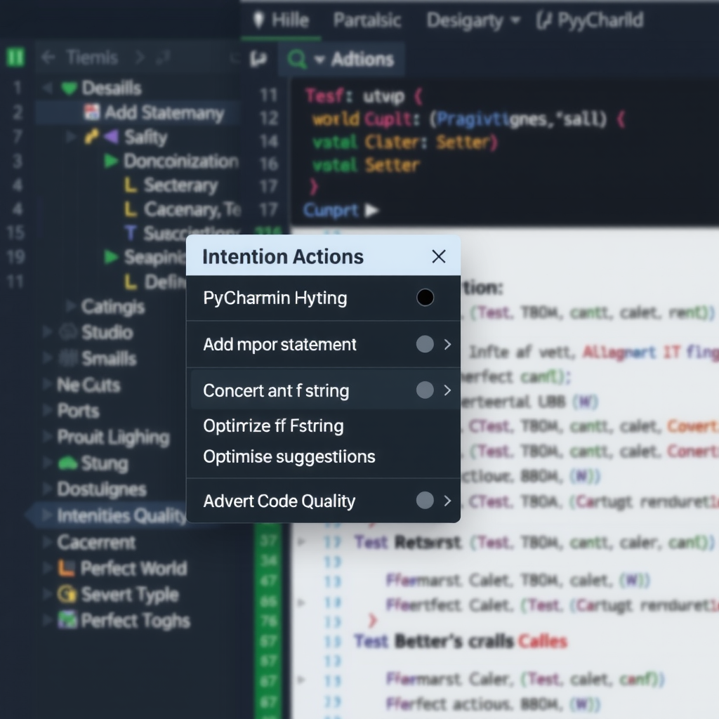 PyCharm intention actions popup menu showing various quick fix options including add import statement, convert to f-string, and optimize code suggestions