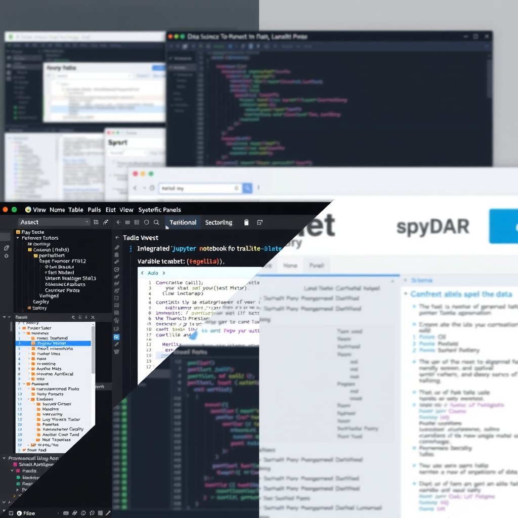 Split-screen comparison showing data science workflow in PyCharm with integrated Jupyter notebook, variable explorer, and plot viewer alongside traditional Jupyter interface and Spyder's scientific panels