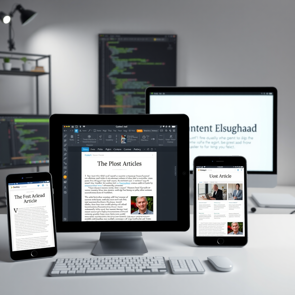 Content creation workflow showing code editor, documentation, testing environment, and published article on multiple devices demonstrating responsive design