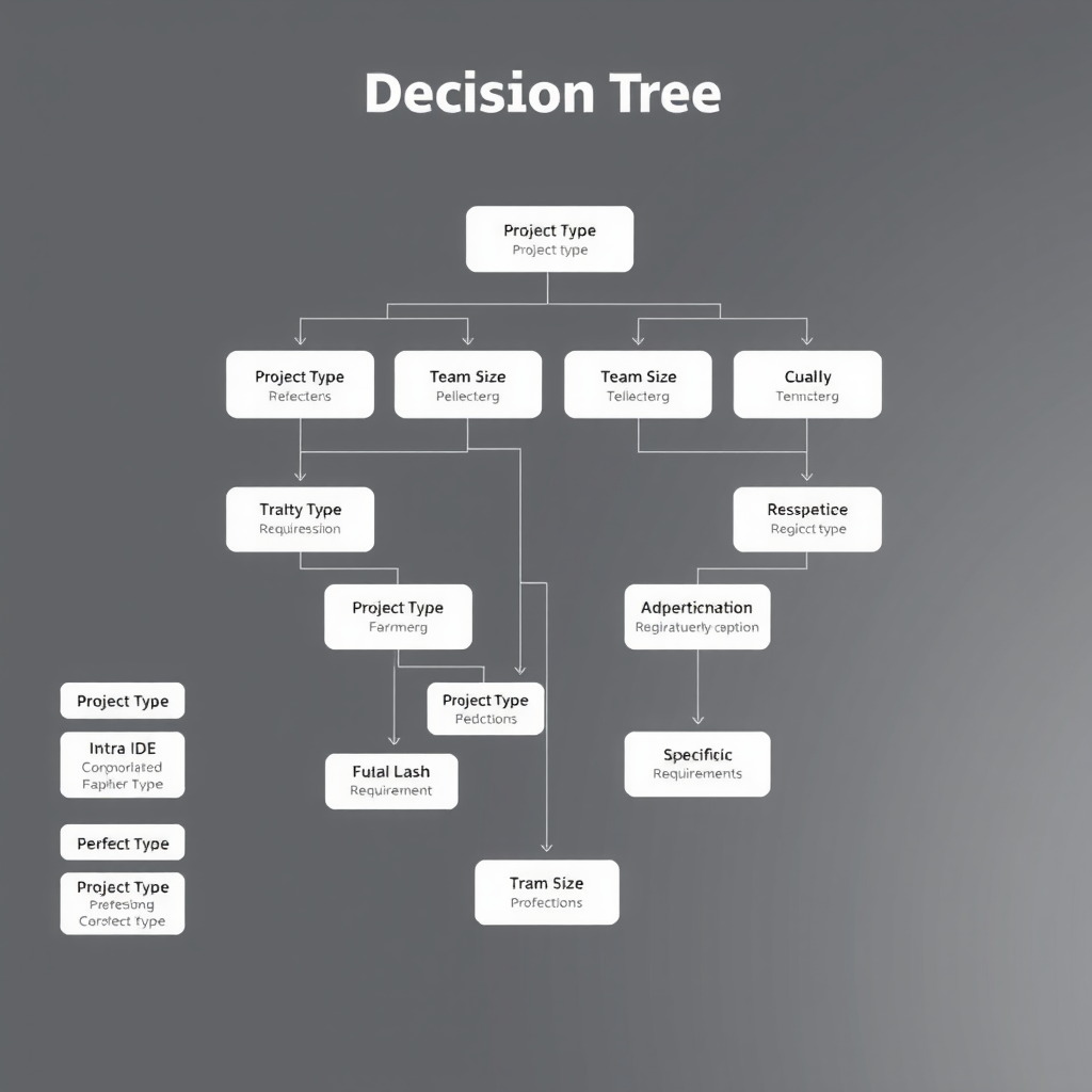 Interactive decision tree flowchart helping developers choose the right IDE based on project type, team size, budget, and specific requirements with clear paths leading to each IDE recommendation